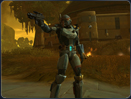 A Bounty Hunter takes fire, as he narrowly misses a blaster shot.