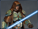 A Jedi wears a strong suit of combat armor.