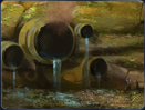 Two Evocii refugees avoid the massive waste pipes in the Hutta industrial zone.