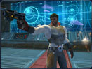 Blaster drawn, a Smuggler secures a control room inside an enemy outpost on Ord Mantell.