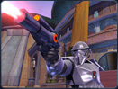 A trooper in heavy combat armor takes down his enemy with a single blaster bolt.  