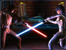 Dark and Light clash as Sith and Jedi cross lightsabers.