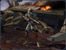 A lone Trooper stands amongst the burning remains of a Republic Walker on the war-torn world of Ord Mantell.