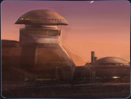 This wallpaper features an underworld outpost against a two-moon sky and serene desert setting.