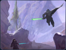 To prepare for their Jedi trials, two Padawans test their mettle in a Jedi training area.  