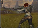 Arme au poing, un agent impérial se dresse face à un bandit armé de deux blasters protégeant sa cargaison.